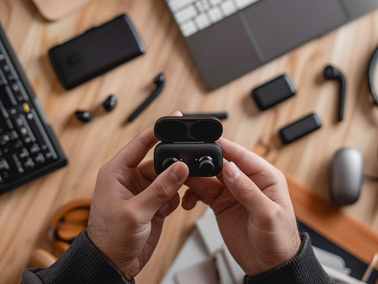 Stylish Bluetooth earphone held by an Asian model