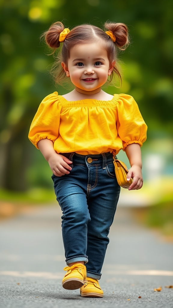 Stylish Child Walking in Park with Yellow Outfit