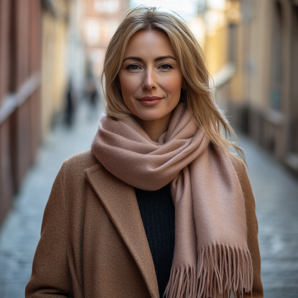 Stylish European Female Model in Rosewood Cashmere Scarf