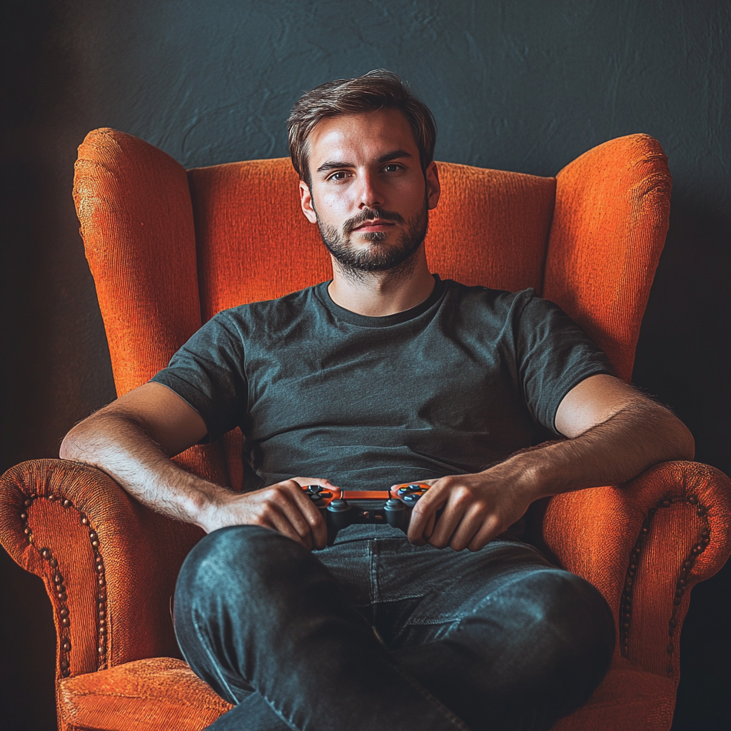 Stylish Gamer Man in Retro 60s Orange Armchair