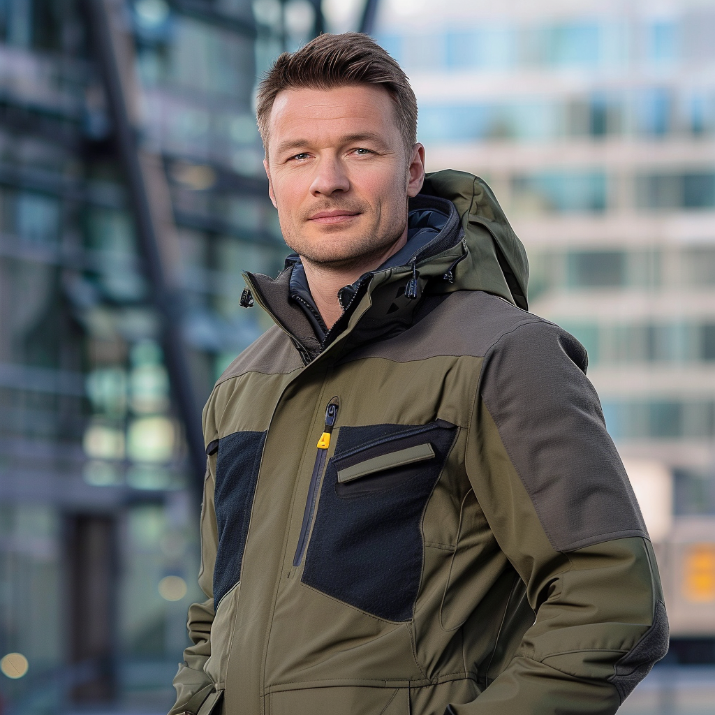 Stylish German man in urban setting with outdoor jacket.