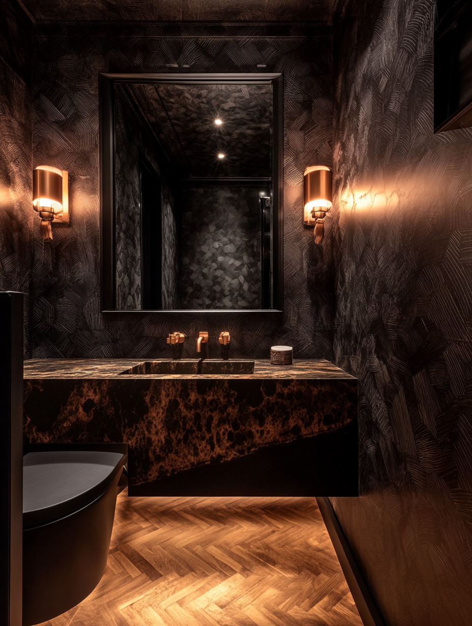 Stylish Guest WC Design with Dark Wallpaper and Marble Sink 