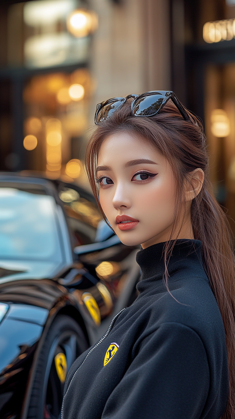 Stylish Japanese Woman and Ferrari at Luxury Boutique