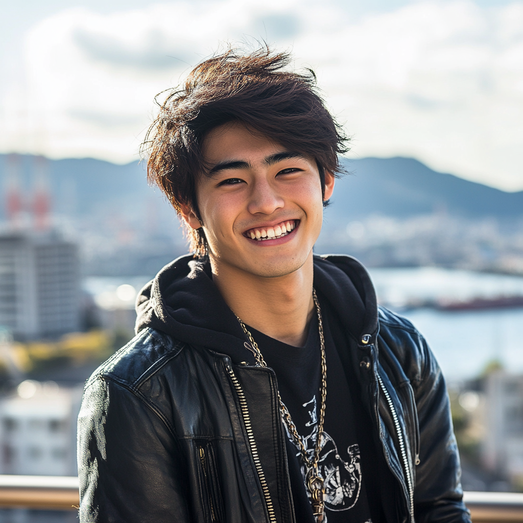 Stylish Japanese student in Nagasaki with city backdrop.