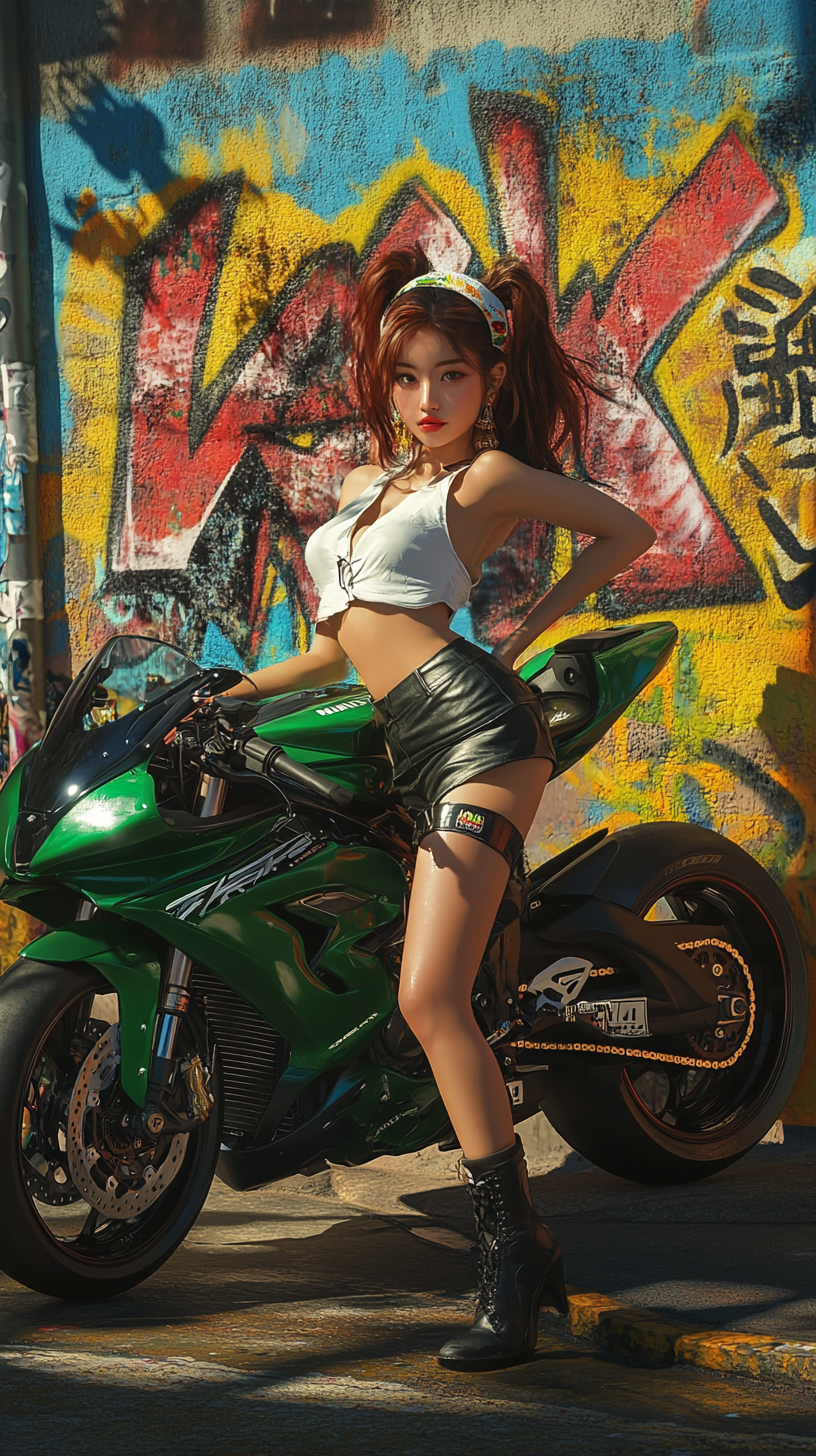 Stylish Japanese woman with graffiti background poses confidently