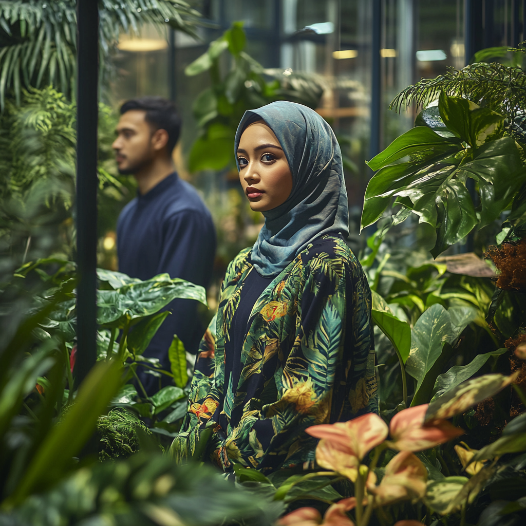 Stylish Malay couple in elegant, modern nursery with plants.