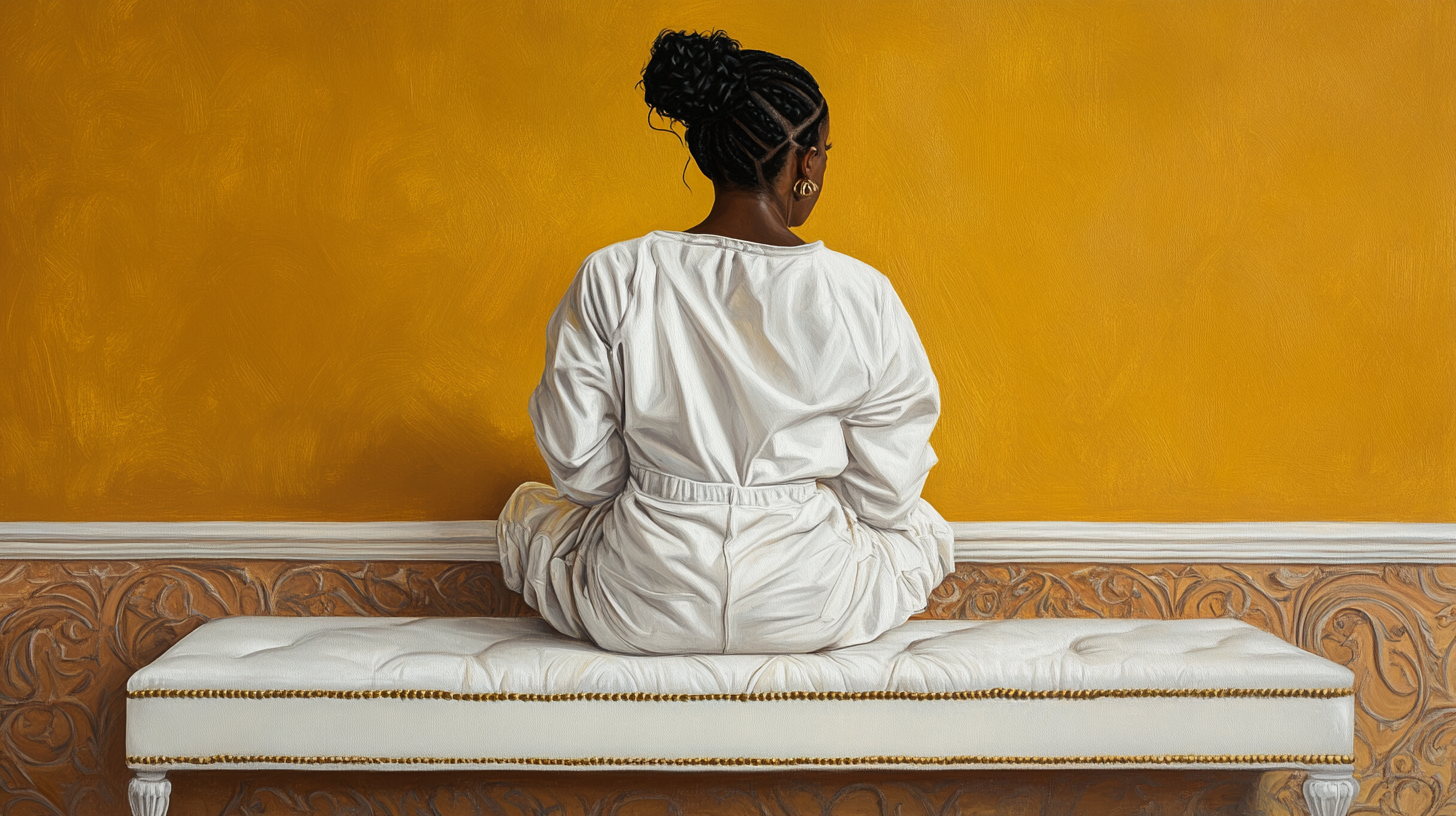 Stylish Nia Long sitting on elegant bench, yellow wall.