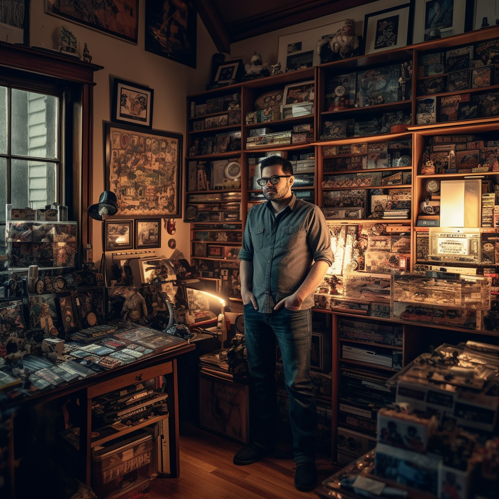 Stylish Software Engineer Surrounded by Collectibles and Comics