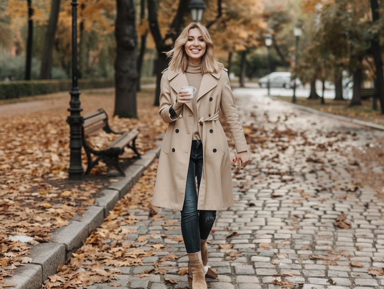 Stylish Woman in Beige Trench Coat Autumn Park