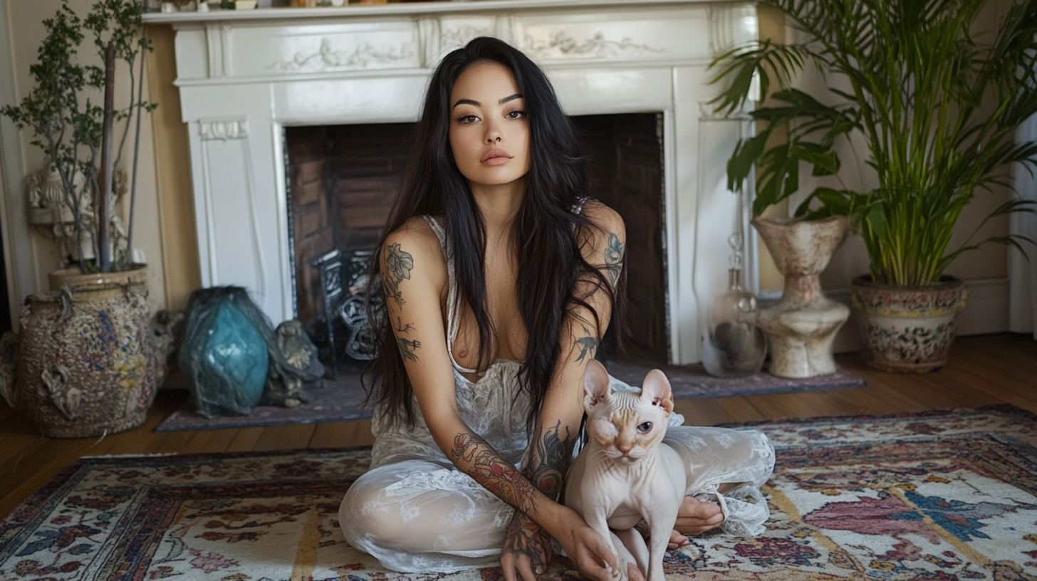 Stylish Woman with Sphinx Cat in Eclectic Room