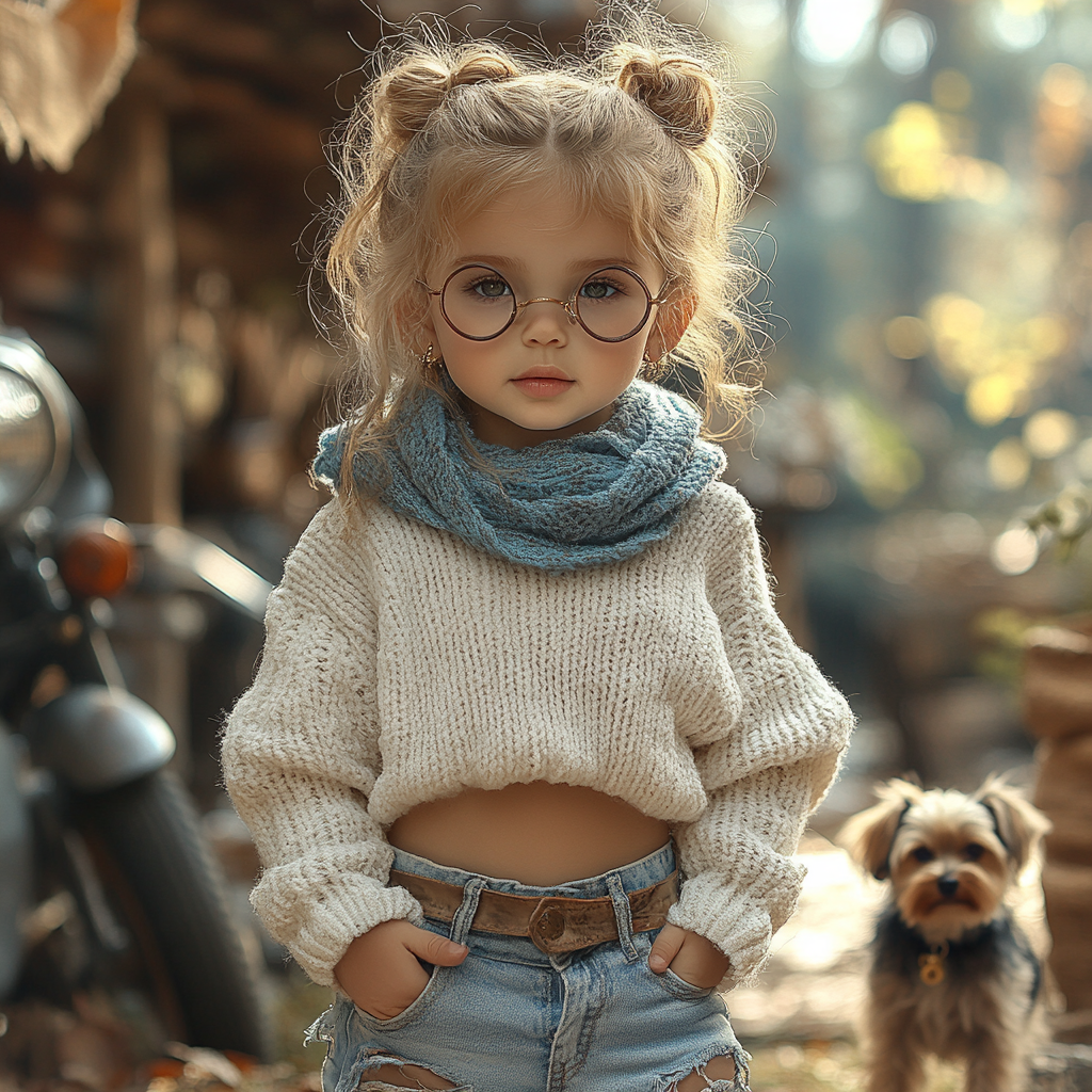 Stylish baby girl with curly hair, sunglasses and trendy outfit.