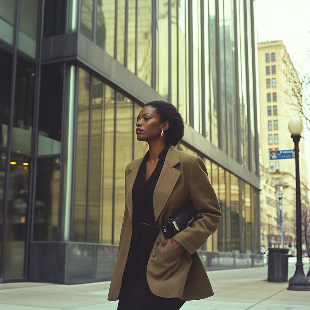 Stylish black woman in 80s business attire walking to work