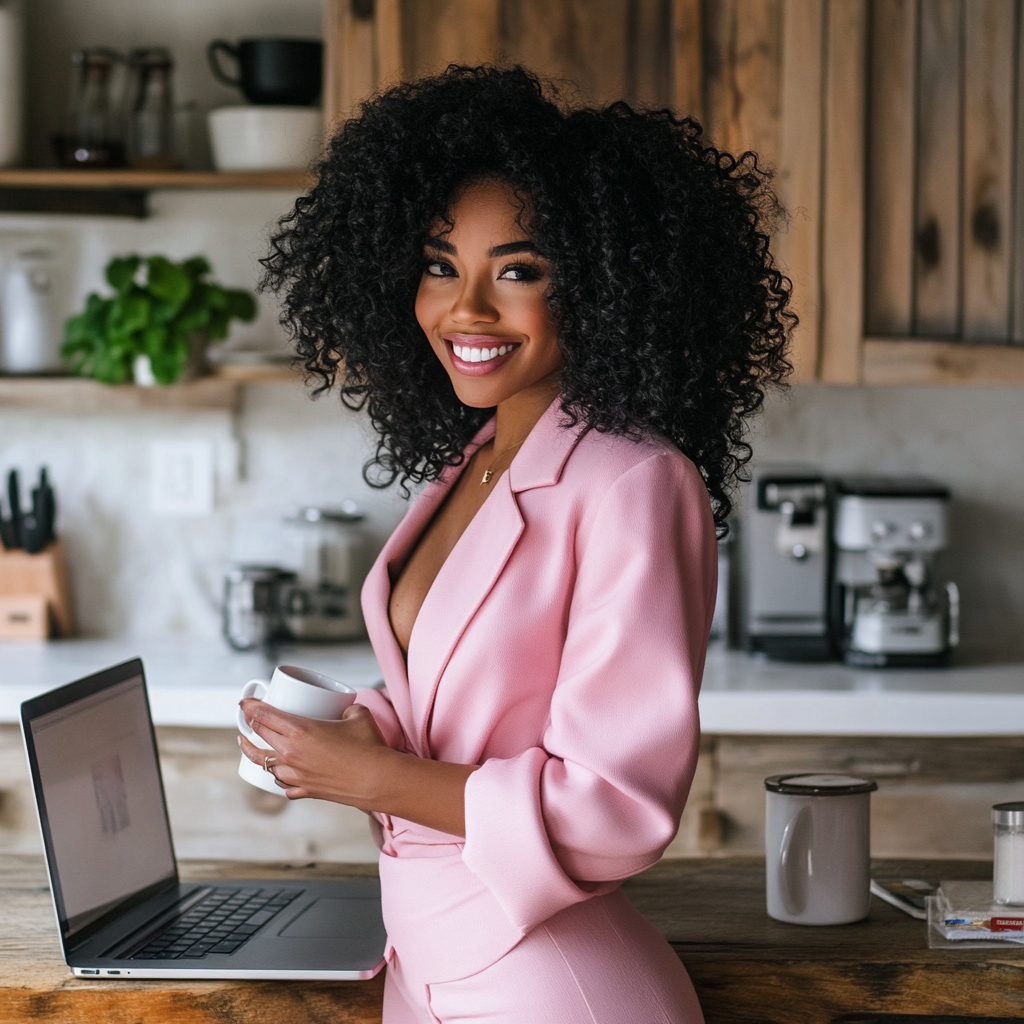 Stylish black woman with laptop in cozy kitchen.