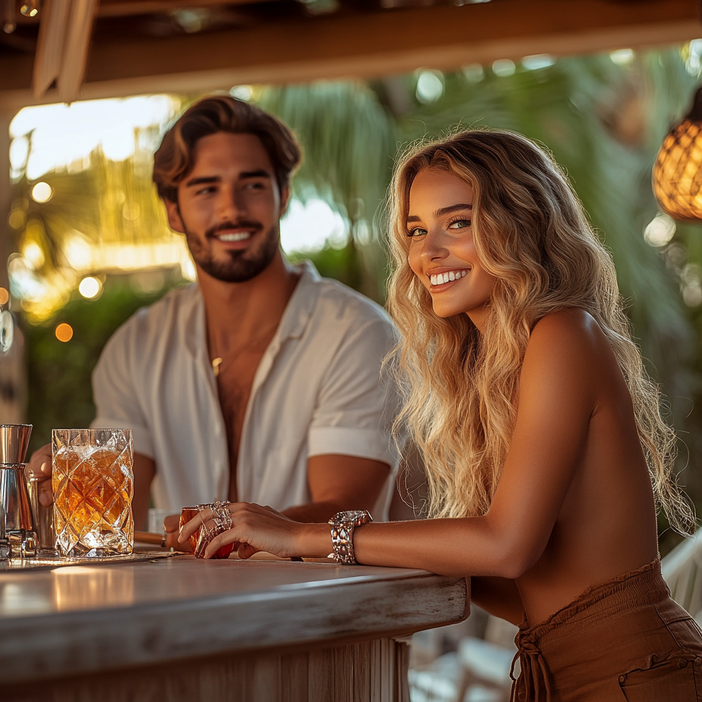 Stylish blonde woman designs backyard cocktail bar, man watches 