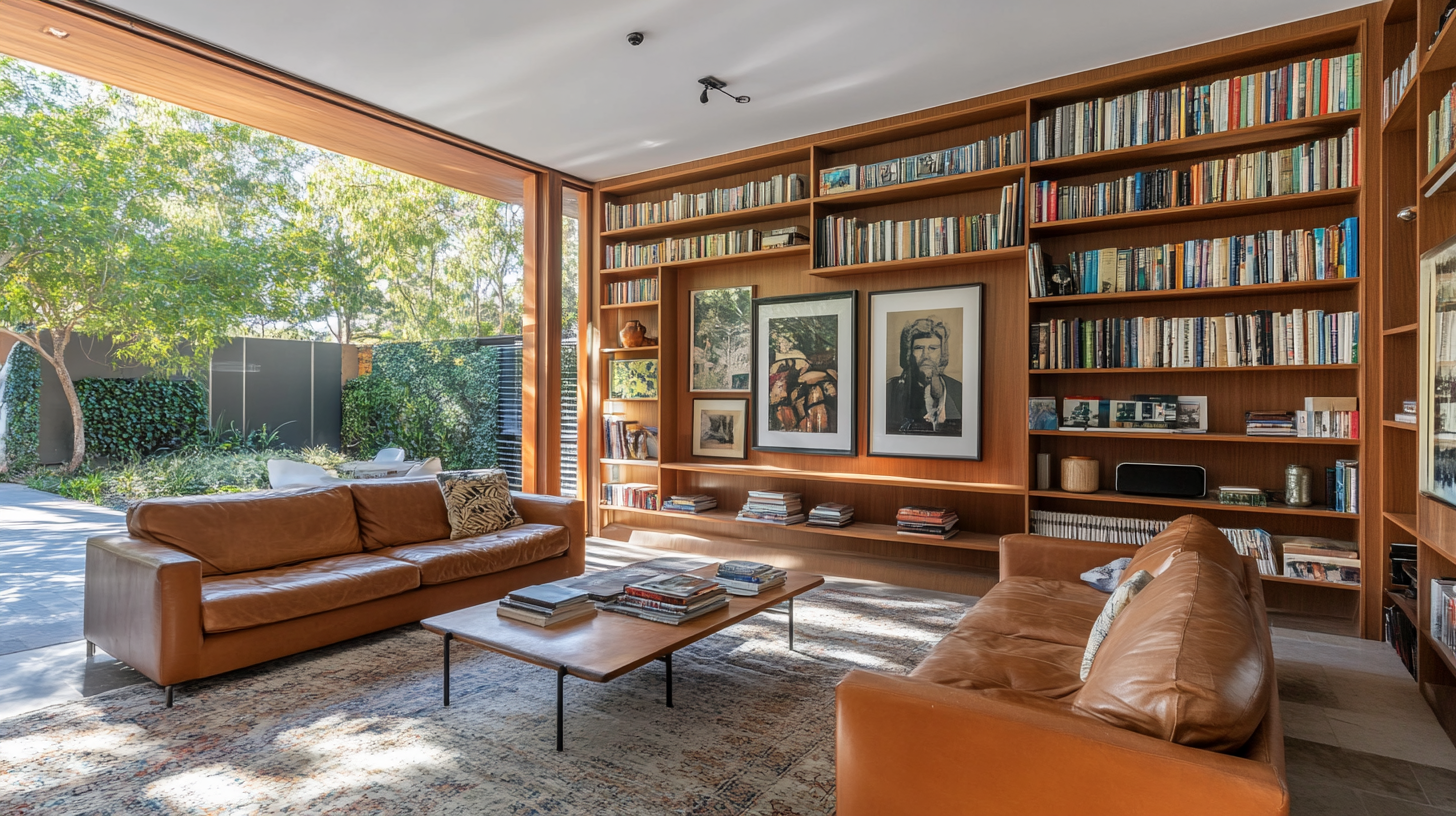 Stylish bookshelves, leather sofas, warm tones in modern home.