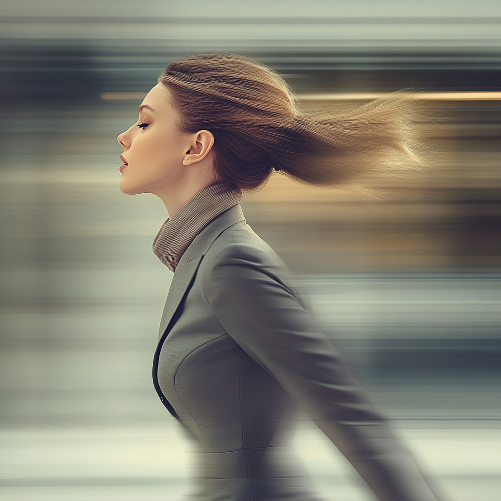 Stylish business woman rushing to work, causing health issues.