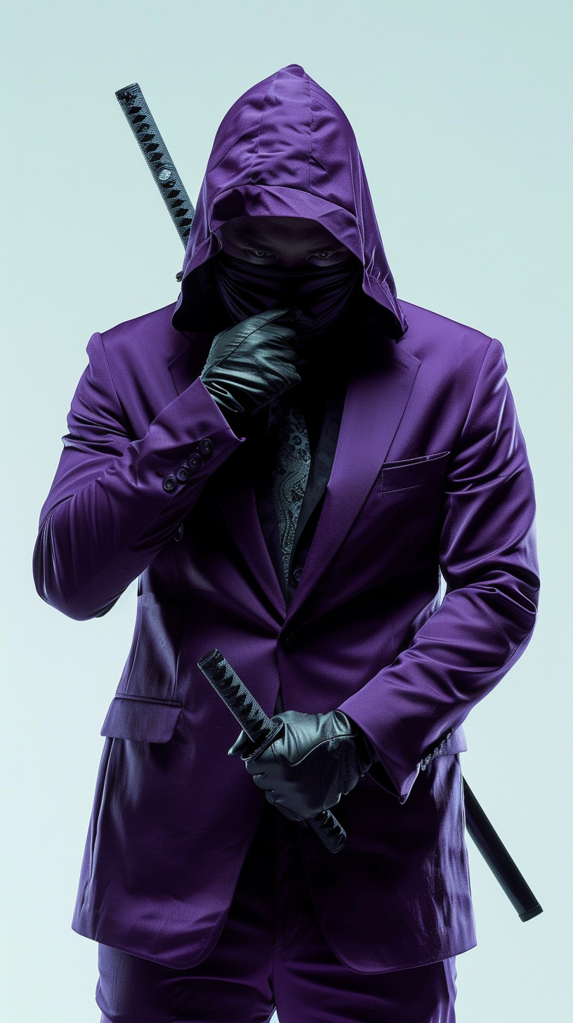 Stylish businessman ninja in purple suit contemplates with katana.