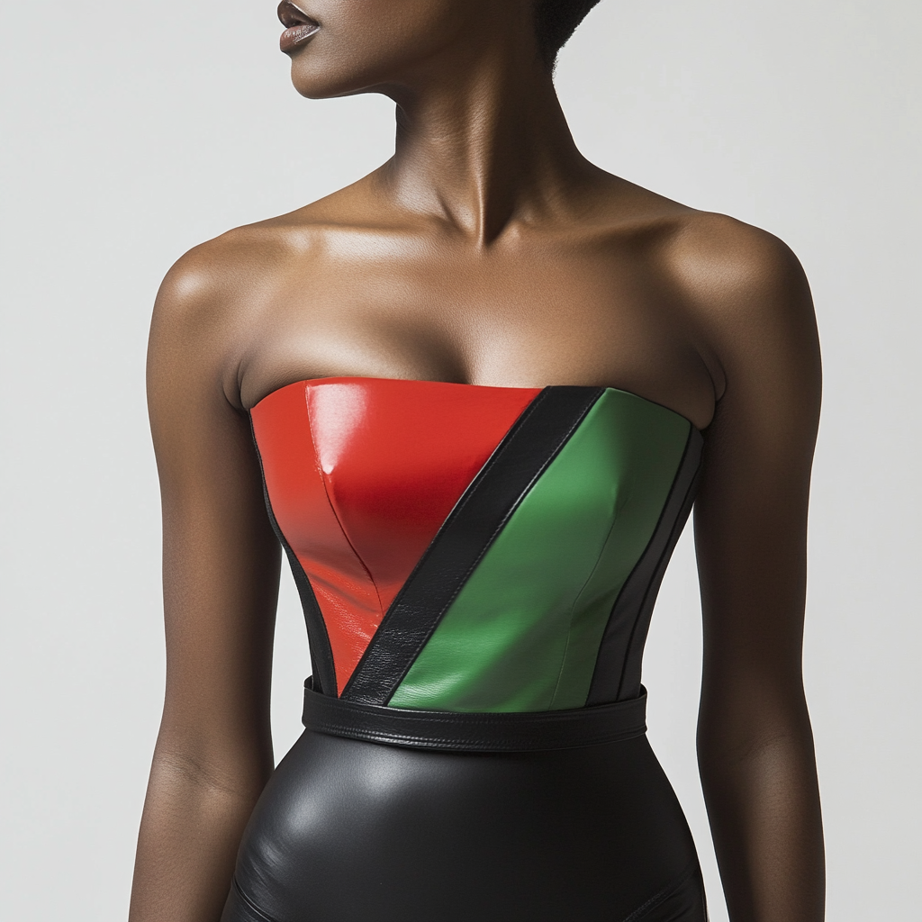 Stylish bustier with flag design worn by elegant woman.