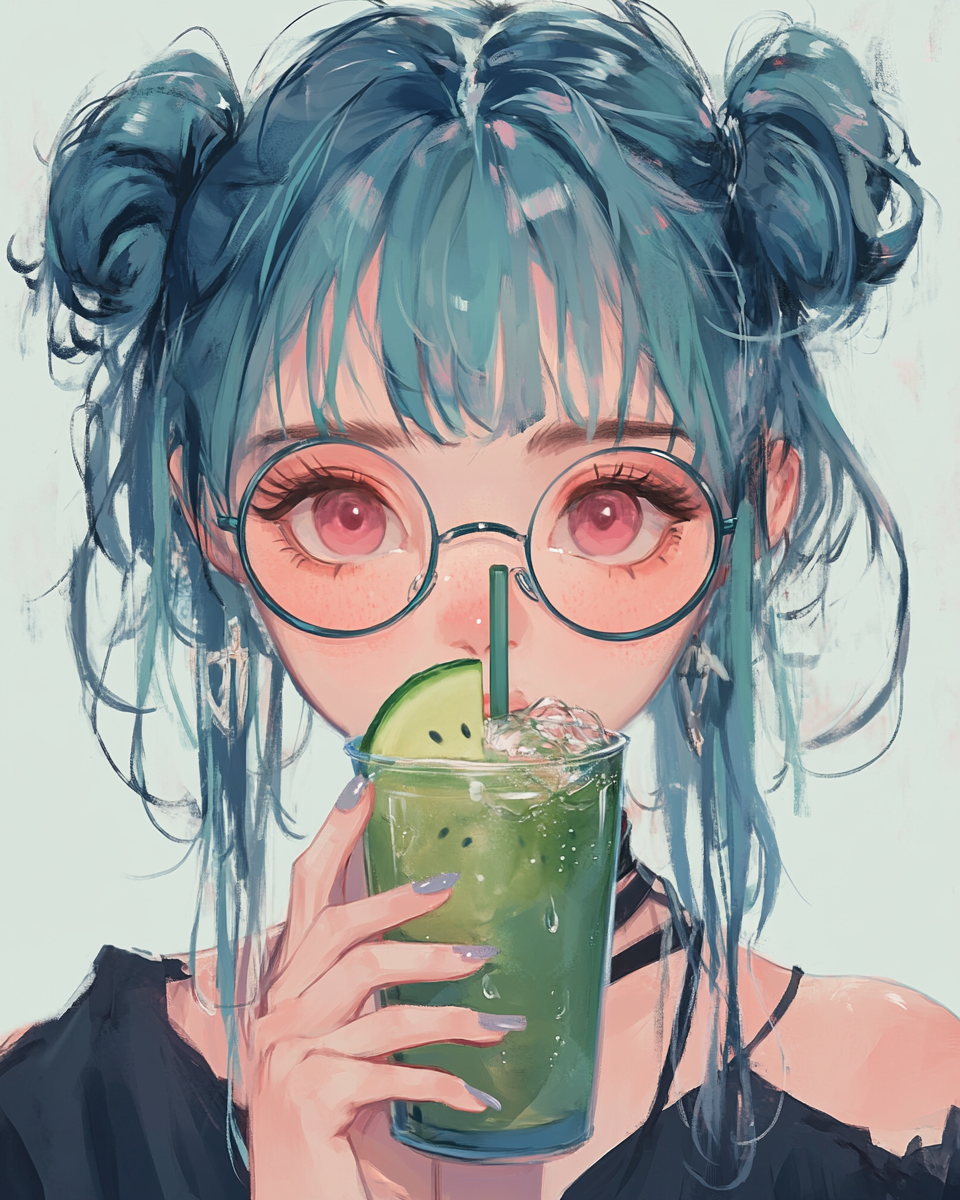 Stylish girl in round glasses sipping melon soda.