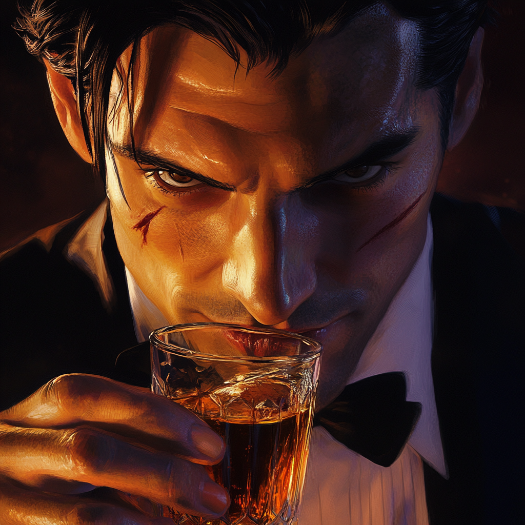 Stylish man in bow tie sipping whiskey close-up