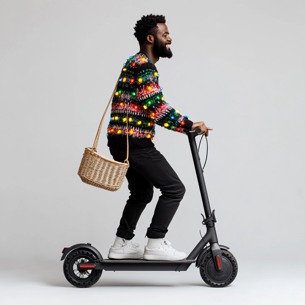 Stylish man rides trendy scooter in festive sweater