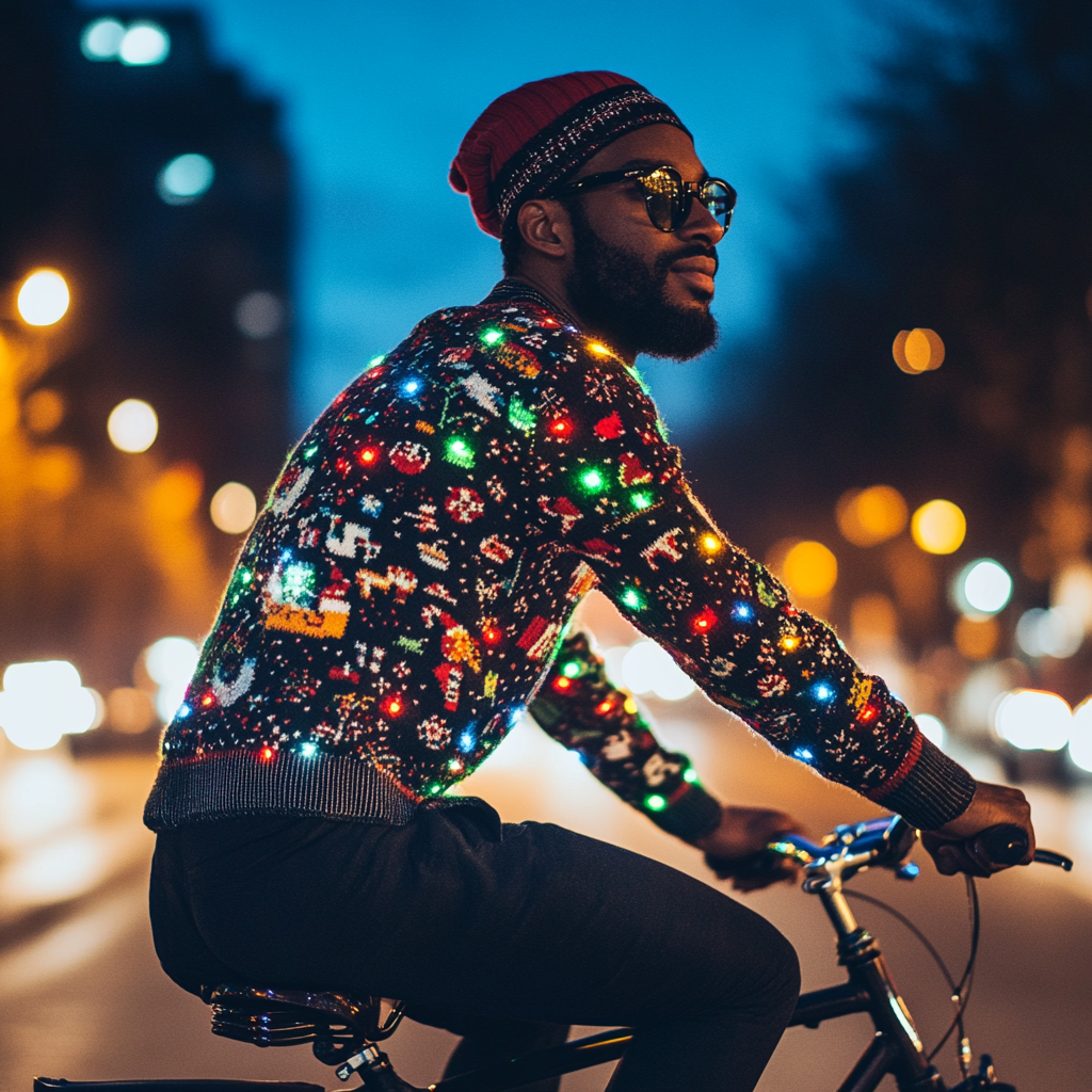 Stylish man riding Christmas bicycle in city