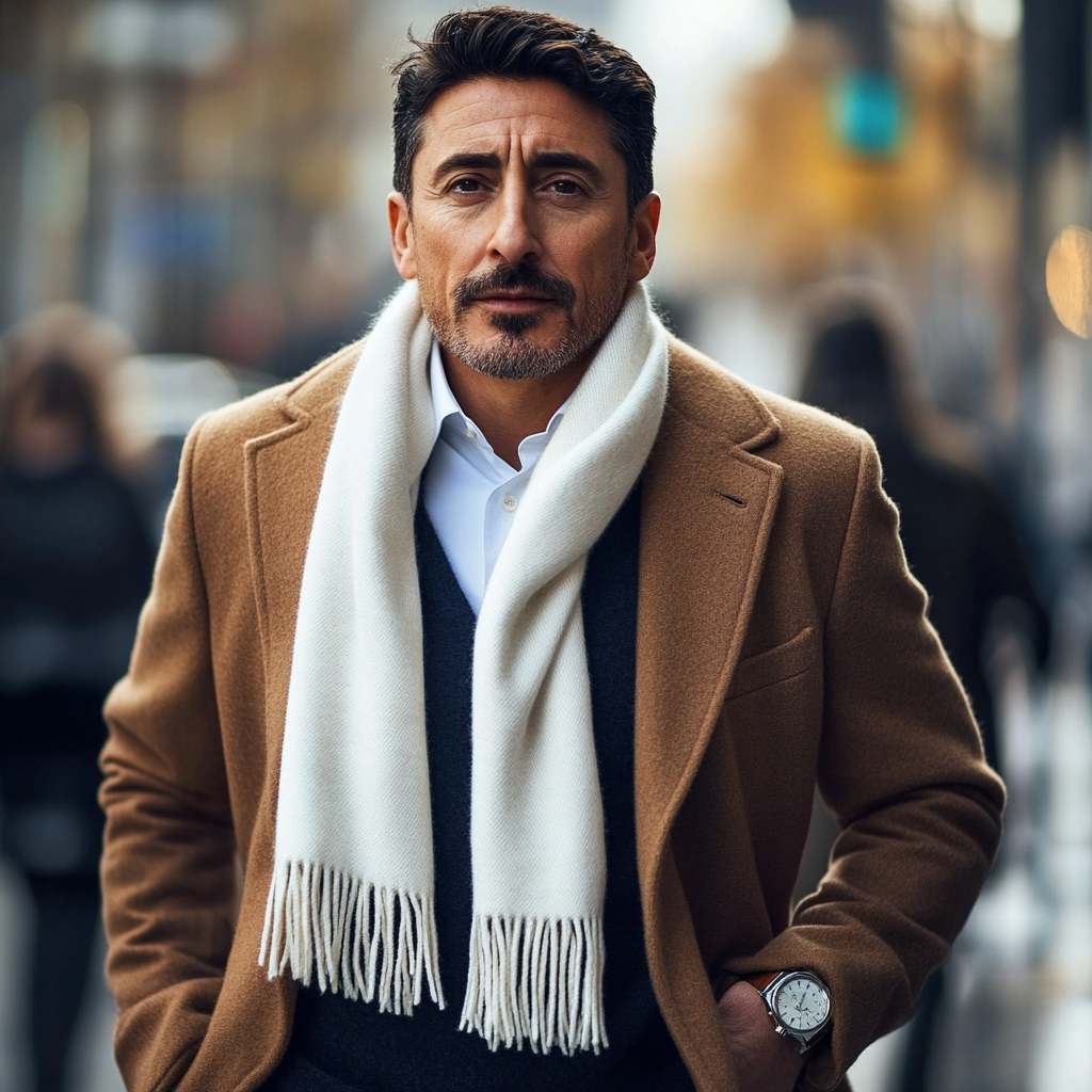 Stylish man with Al Pacino look downtown walk