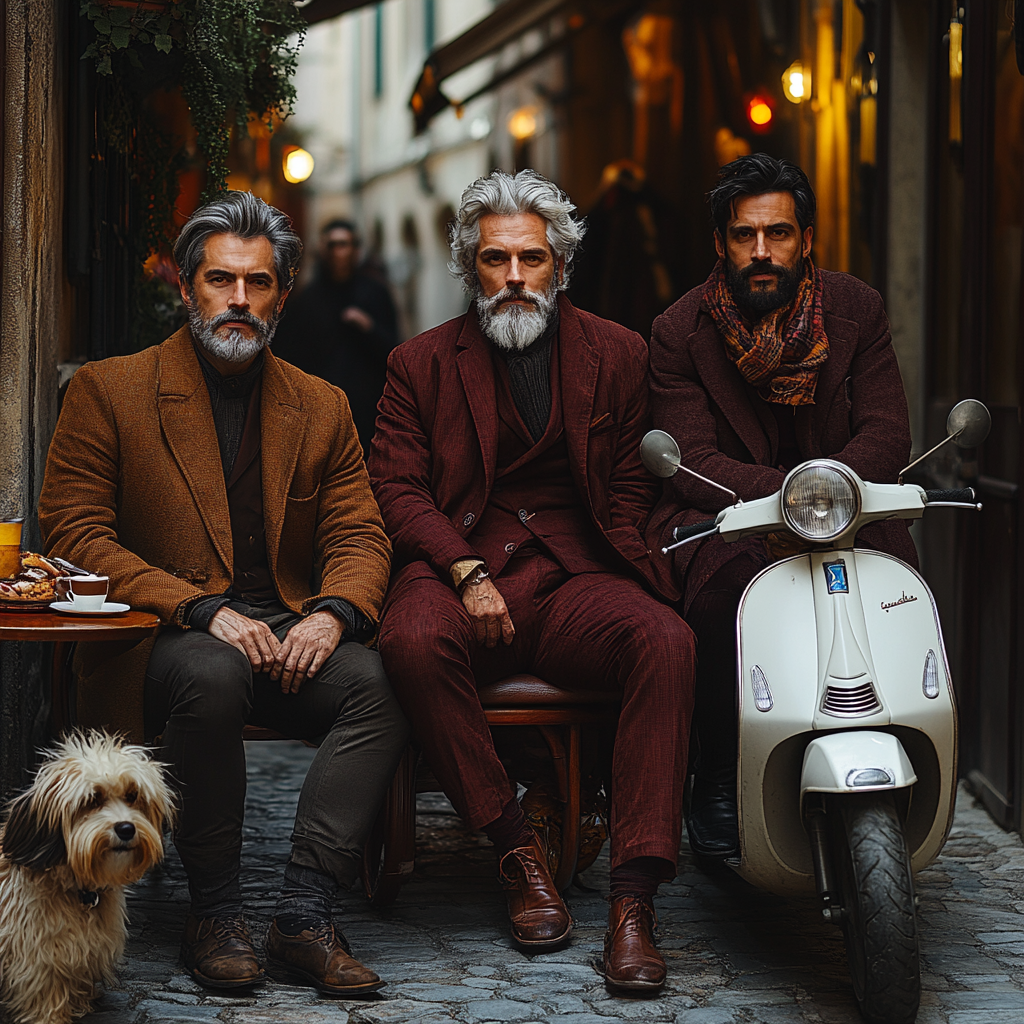 Stylish men in elegant fashion in charming European street.