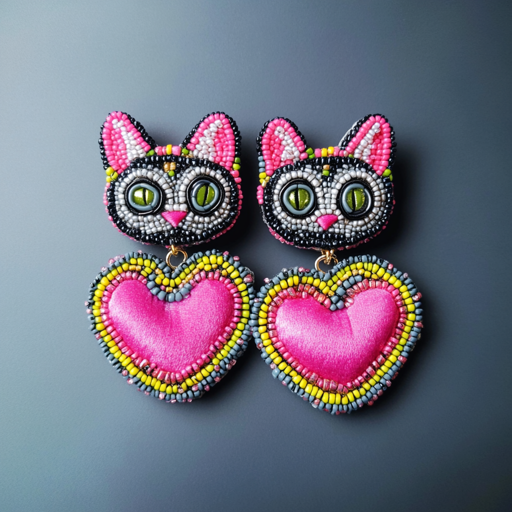 Stylish modern earrings with heart and cat image.