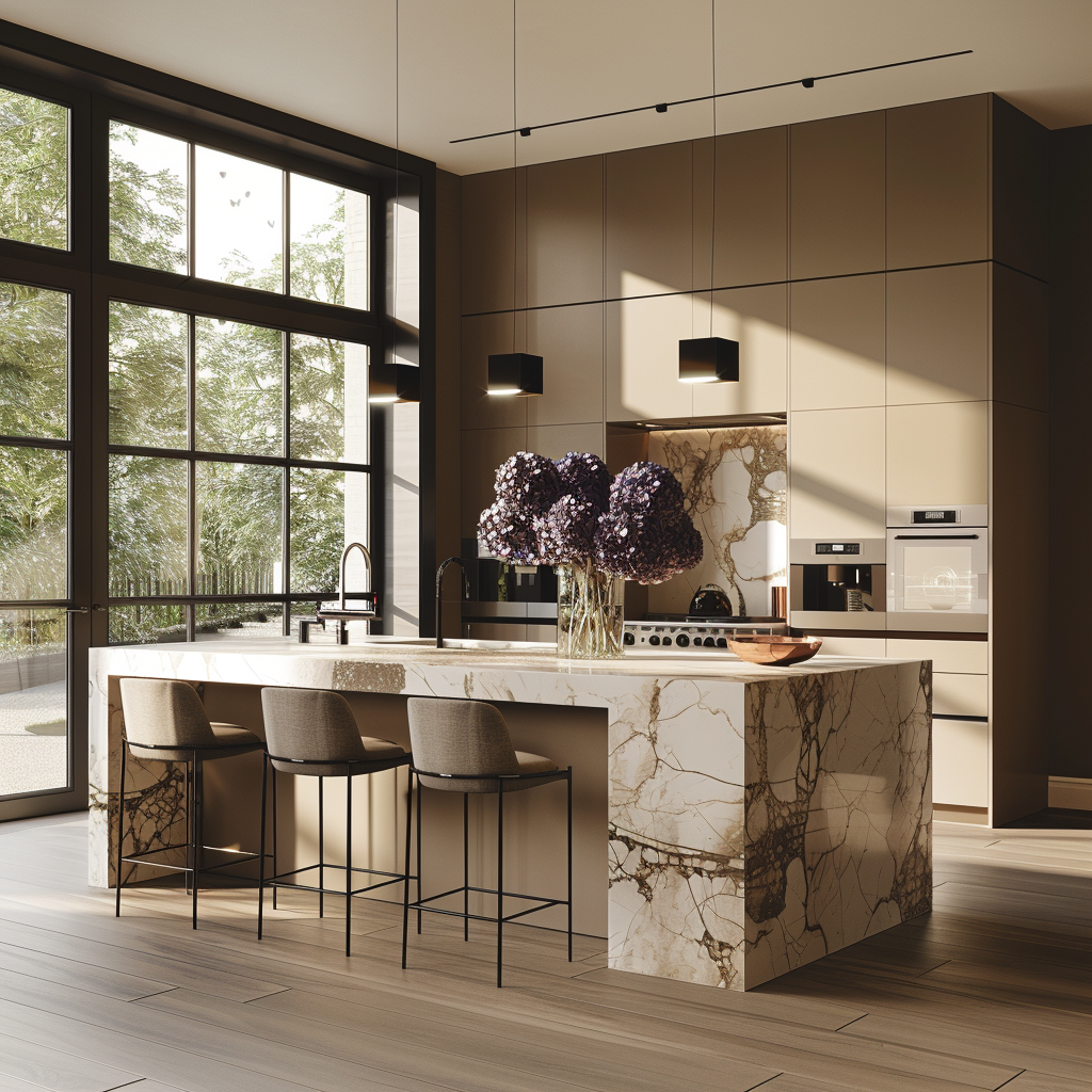 Stylish modern kitchen with cream and brown accents.