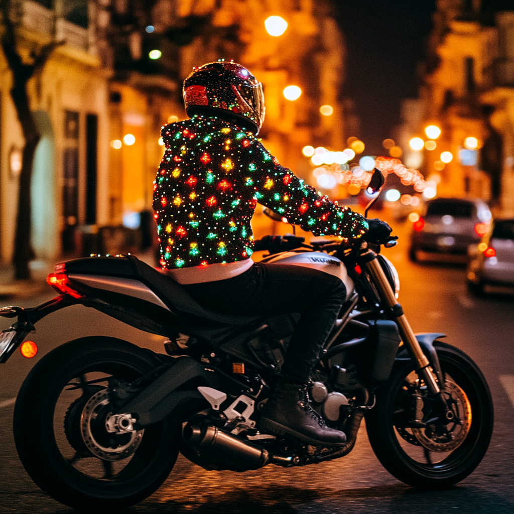 Stylish person rides motorcycle in Christmas light sweater