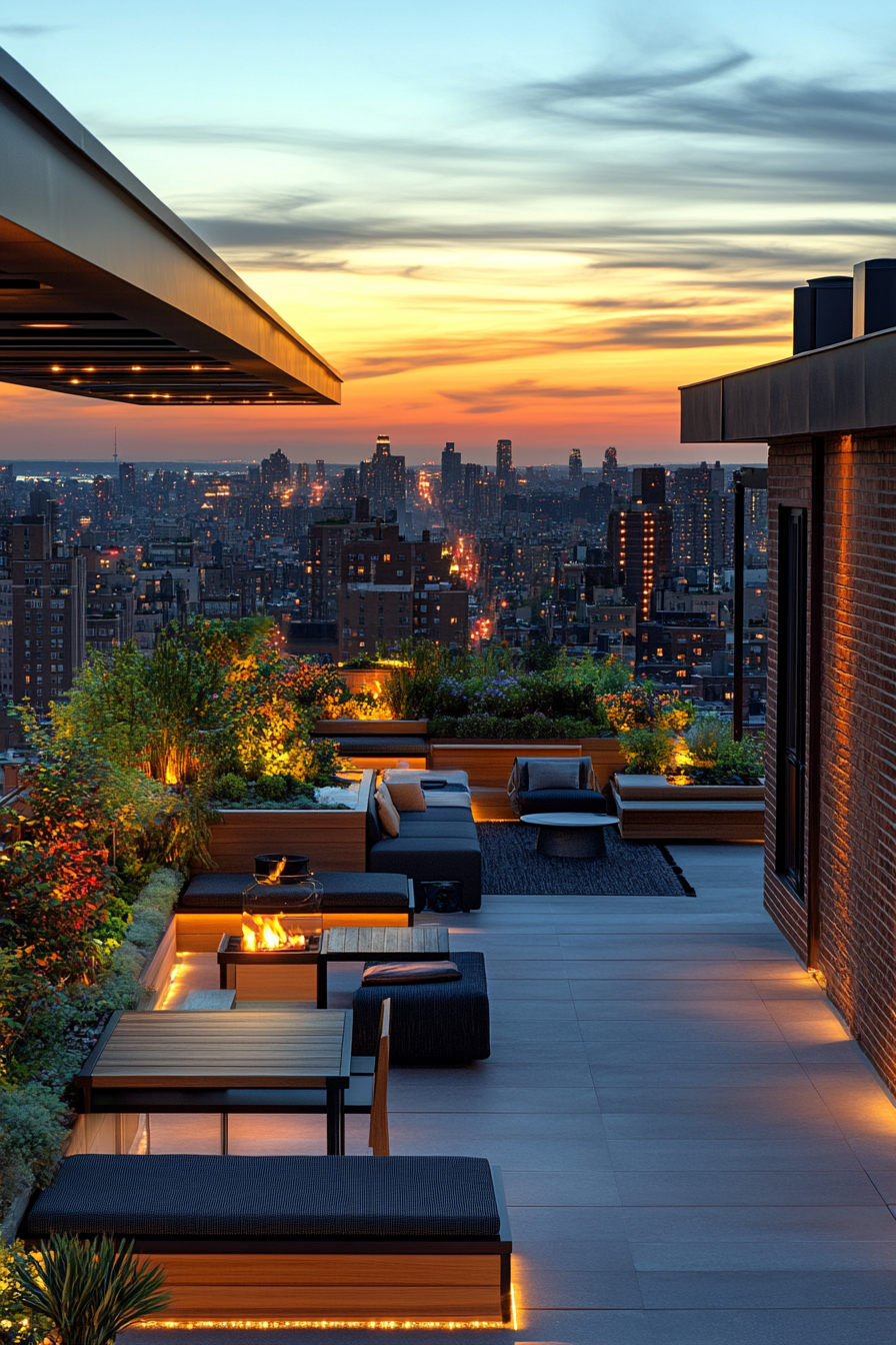 Stylish rooftop retreat with contemporary furniture, urban view.