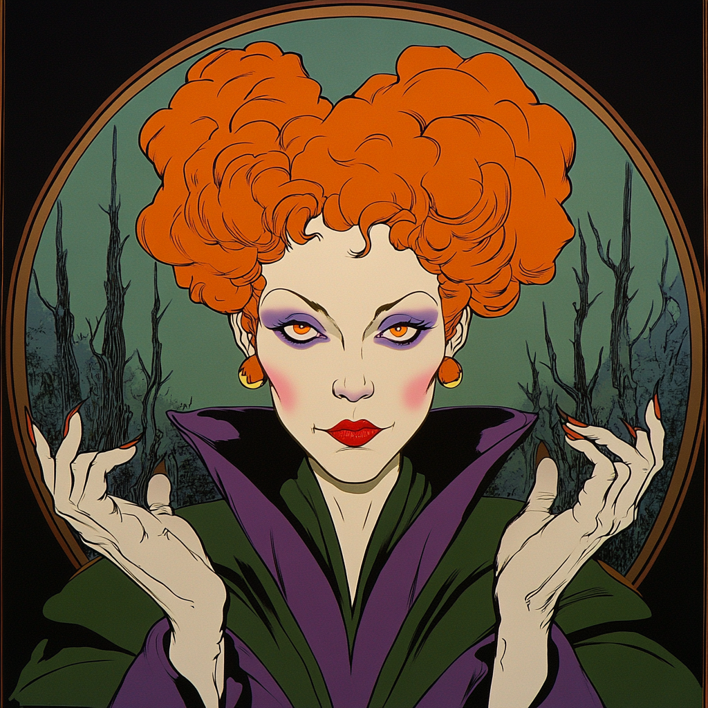 Stylish witch in Rococo style frame casting spell.