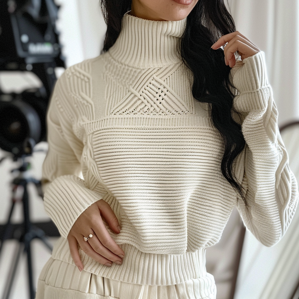 Stylish woman in cream outfit poses with confidence