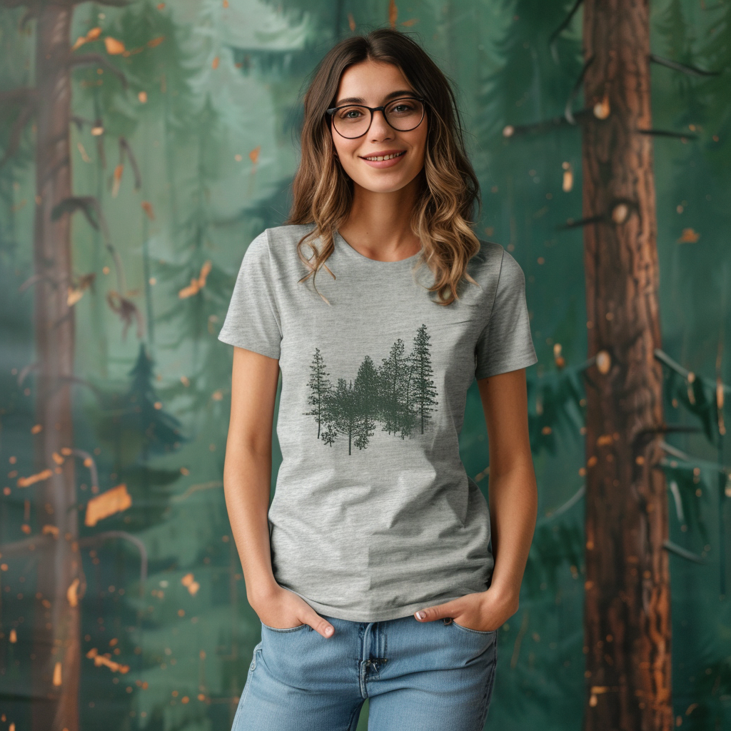 Stylish woman in grey mockup tshirt, glasses - wilderness background