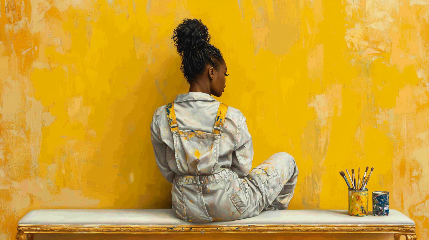 Stylish woman in painter coveralls on elegant bench.