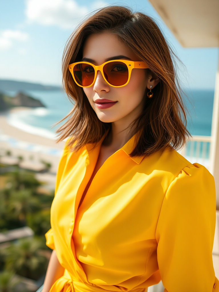 Stylish woman in yellow outfit on beach balcony.