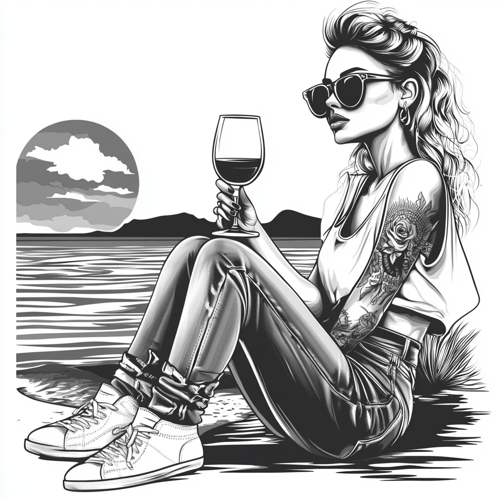 Stylish woman with wine looking at sea sunset