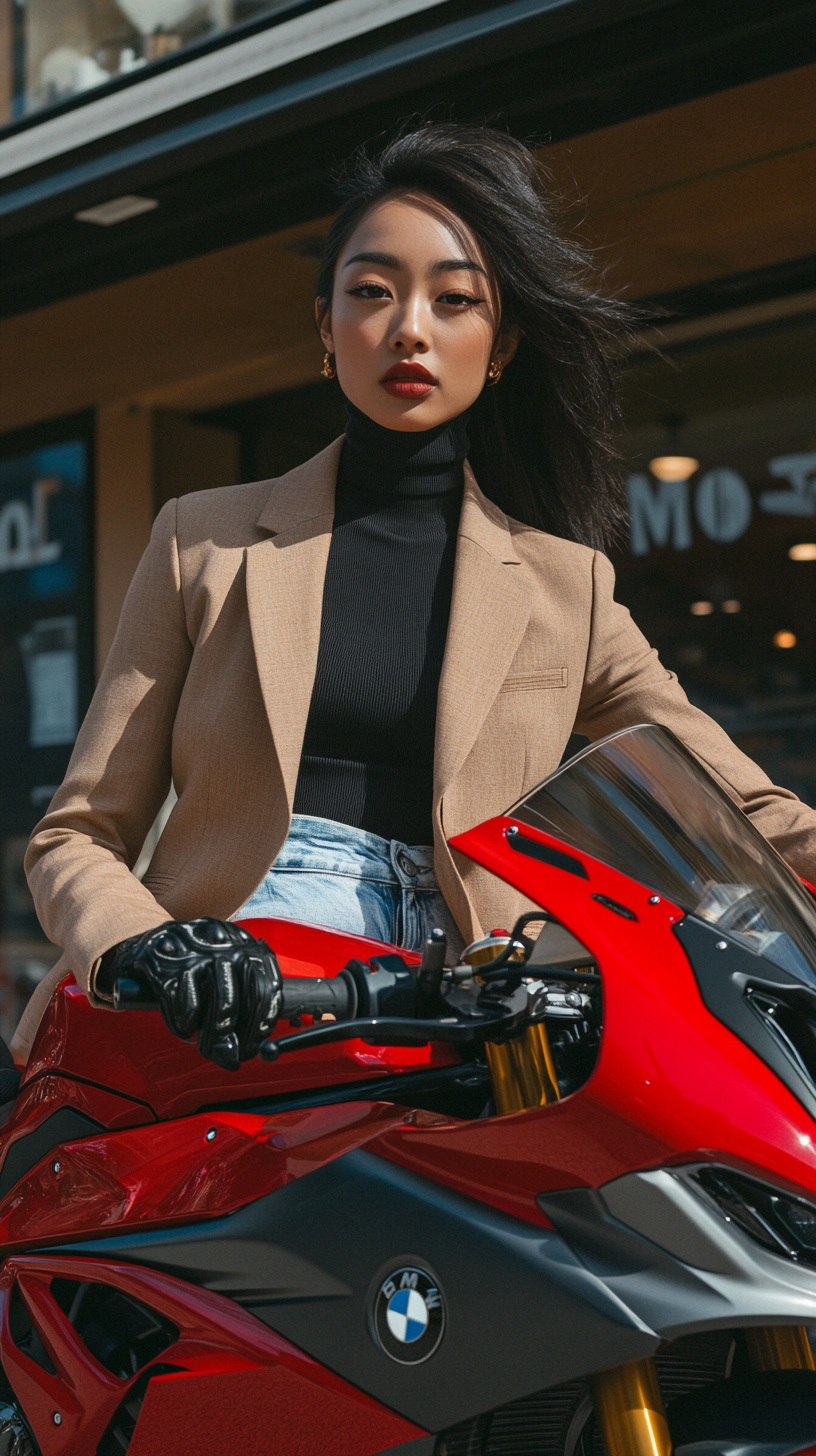 Stylish young woman poses on red BMW