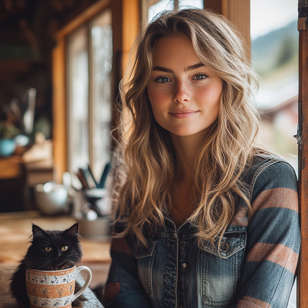 Stylish young woman with black kitten at salon window.