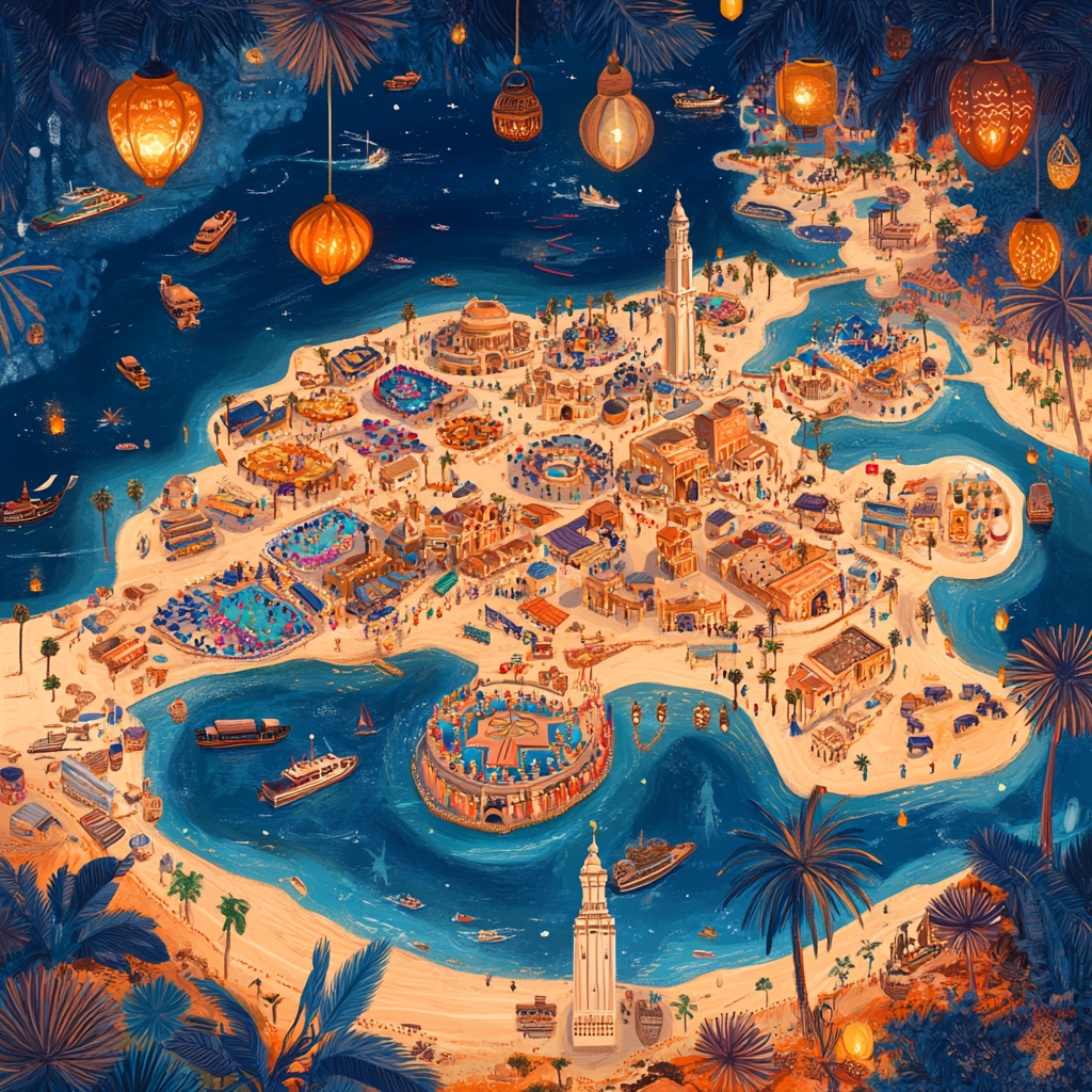 Stylized NFT shows Dubai's Palm Jumeirah, souks, desert.