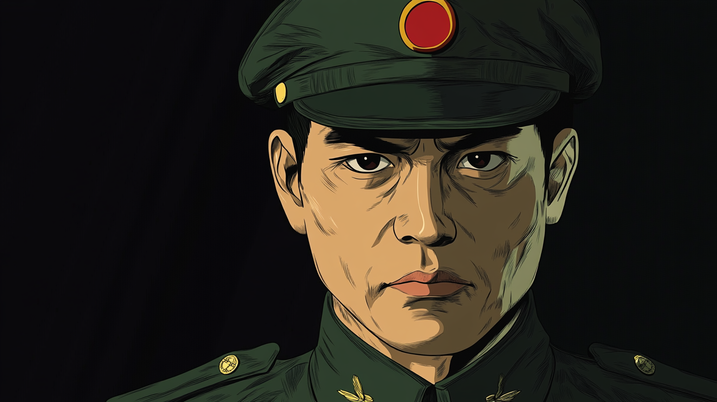 Stylized anime portrait of stern Asian man, military uniform.