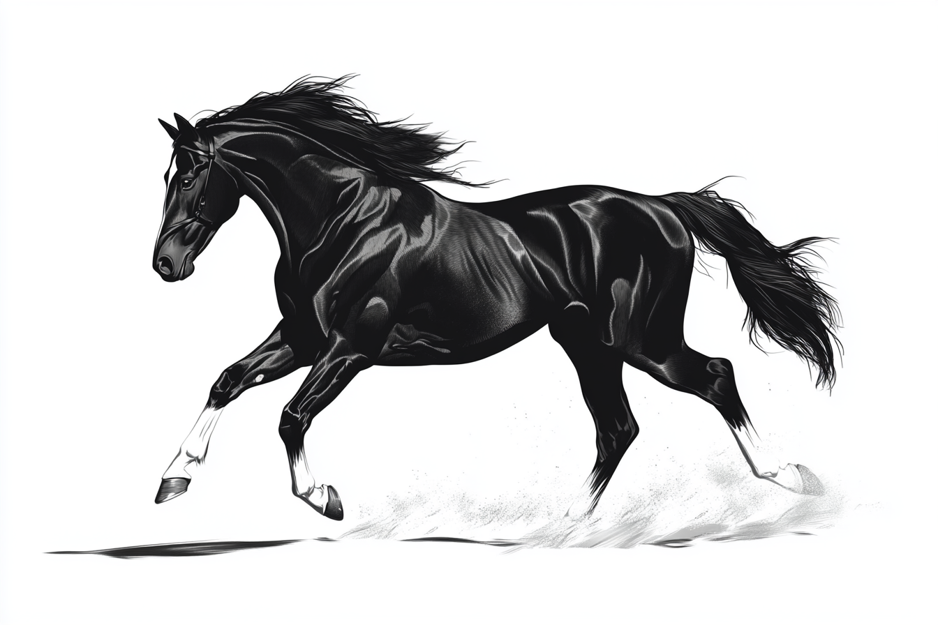 Stylized dark horse in galop, high contrast vector art