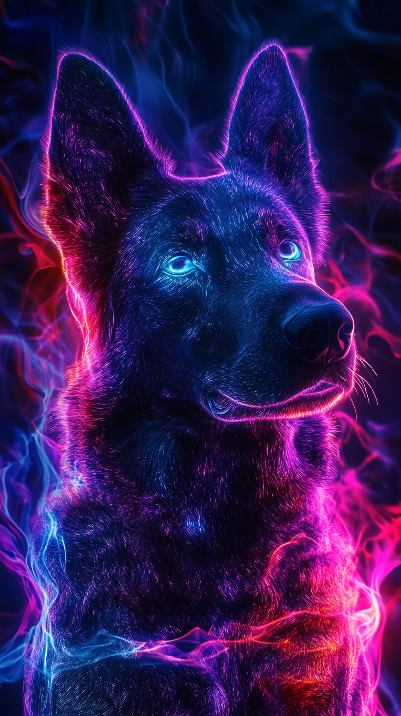 Stylized dog with lightning powers, colorful fur, neon patterns.