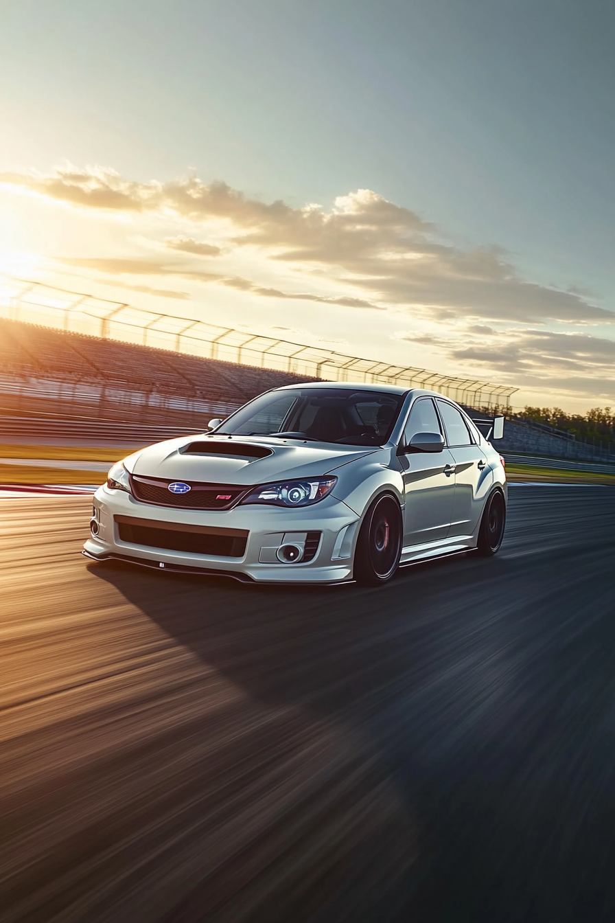 Subaru Impreza Hatchback racing on track, captured in 8k.