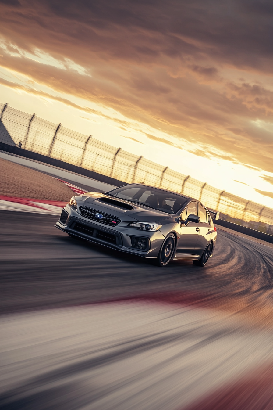 Subaru Impreza Hatchback speeding on racetrack at sunset.