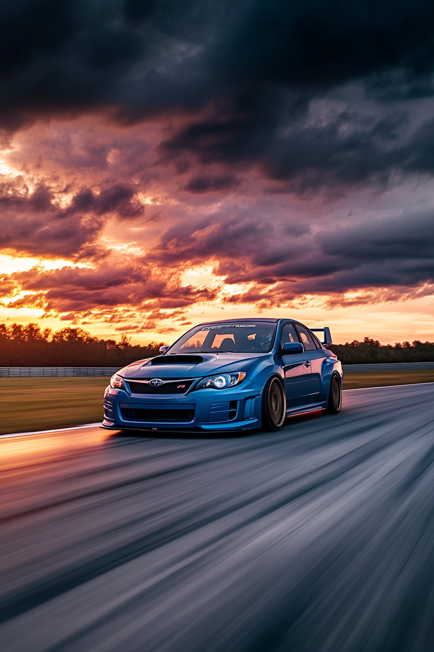 Subaru Impreza WRX STi racing at sunset on track.