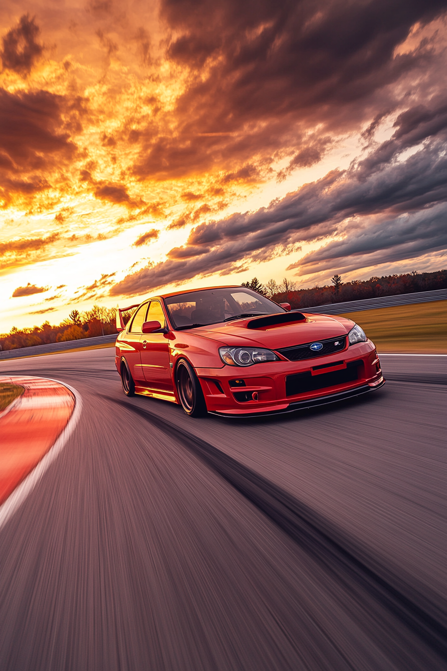 Subaru Impreza WRX racing at sunset on track.