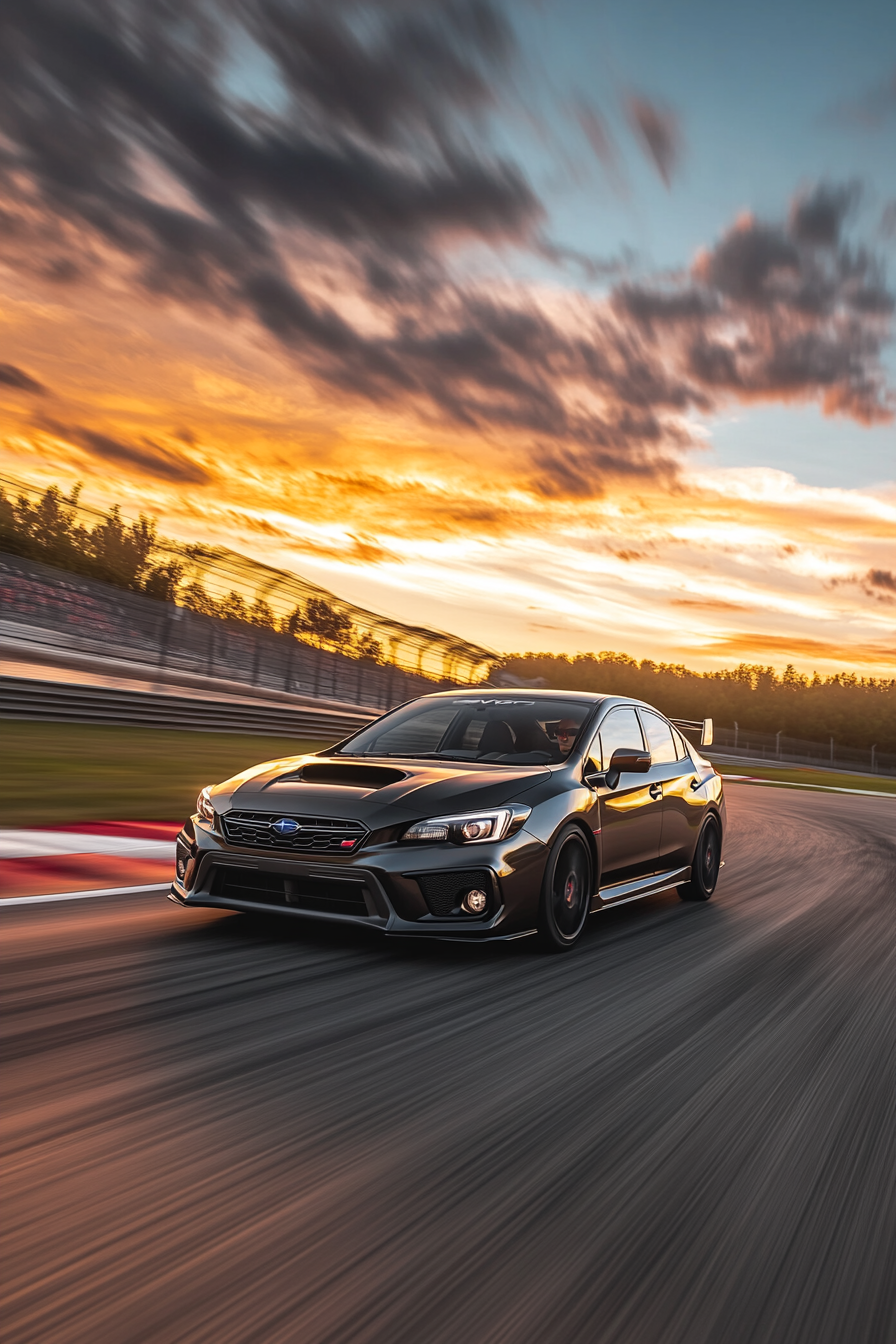 Subaru Impreza racing at sunset. Shot on Sony camera.