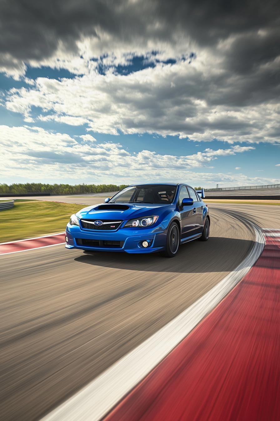 Subaru Impreza racing on track, shot with Sony camera.